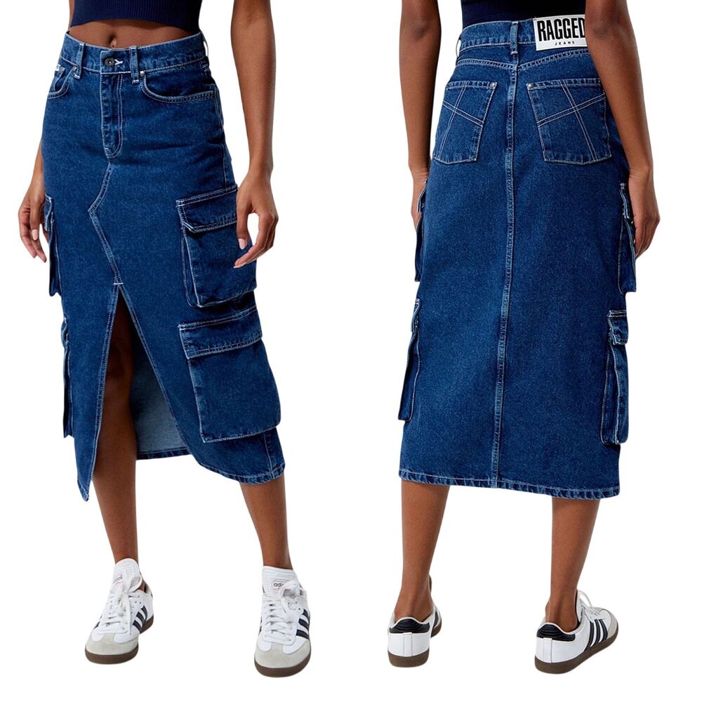 The Ragged Priest Soda Cargo Denim Midi Skirt Slit Front High Rise Cotton NEW 28